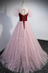 Pink Tulle Long A-Line Prom Dresses, Lovely Short Sleeve Evening Party Dresses