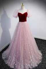 Pink Tulle Long A-Line Prom Dresses, Lovely Short Sleeve Evening Party Dresses