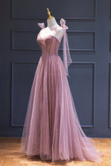 Pink Tulle Long A-Line Prom Dresses, Pink Evening Dresses with Corset