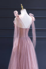 Pink Tulle Long A-Line Prom Dresses, Pink Evening Dresses with Corset