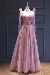 Pink Tulle Long A-Line Prom Dresses, Pink Evening Dresses with Corset