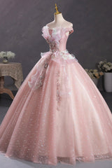 Pink Tulle Long A-Line Prom Dresses with Lace, Off Shoulder Sweet 16 Dresses