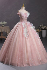 Pink Tulle Long A-Line Prom Dresses with Lace, Off Shoulder Sweet 16 Dresses