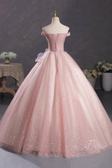 Pink Tulle Long A-Line Prom Dresses with Lace, Off Shoulder Sweet 16 Dresses