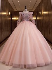 Pink Tulle Long Sleeve Sequins Appliques Quinceanera Dress