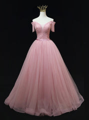 Pink Tulle Off the Shouder Beading Prom Dresses