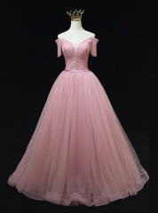 Pink Tulle Off the Shouder Beading Prom Dress