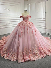 Pink Tulle Off the Shoulder 3D Appliques Prom Dresses With Train