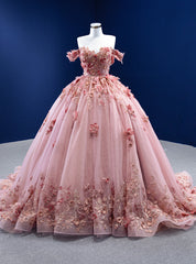 Pink Tulle Off the Shoulder 3D Appliques Prom Dresses