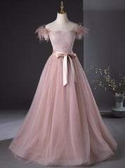 Pink Tulle Off the Shoulder Beading Feather Prom Dresses