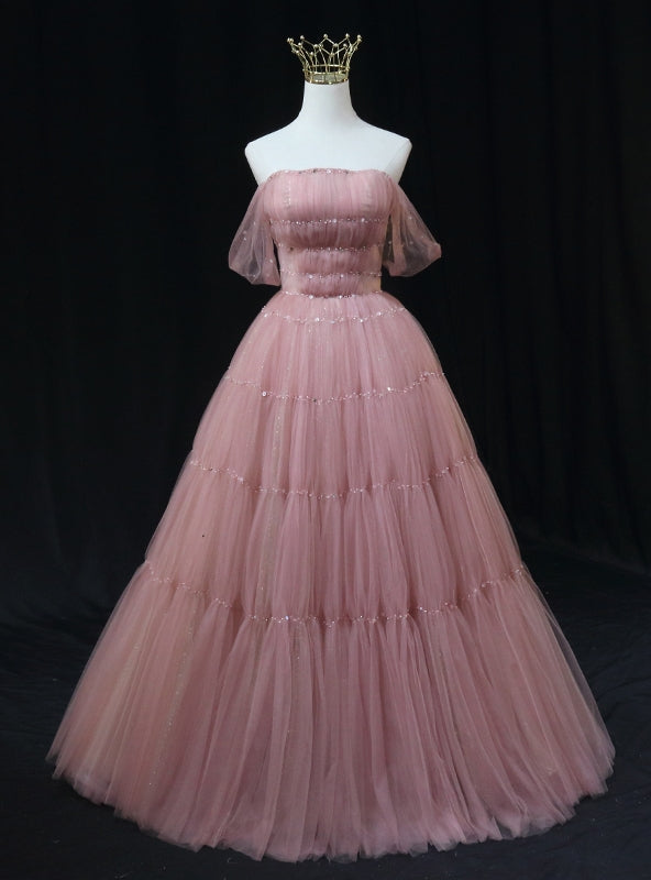 Pink Tulle Off the Shoulder Pleats Beading Prom Dress