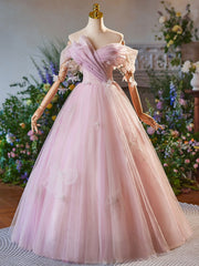 Pink Tulle Off the Shoulder Pleats Butterfly Prom Dresses