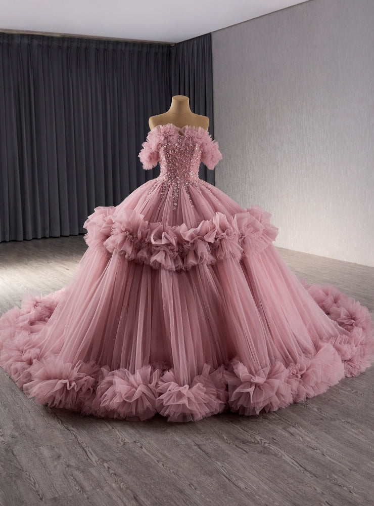 Pink Tulle Off the Shoulder Sequins Pleats Prom Dress