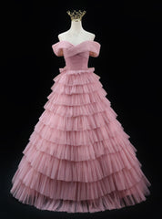 Pink Tulle Off the Shoulder Tiers Prom Dresses