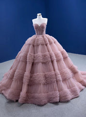 Pink Tulle Pleats Sweetheart Beading Prom Dress