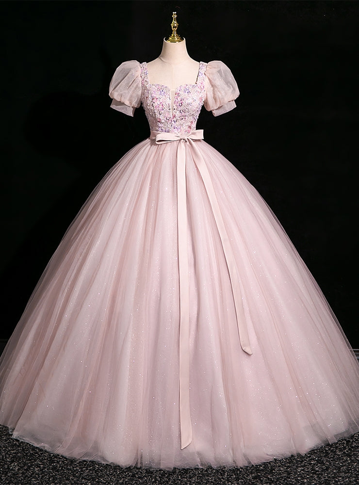 Pink Tulle Puff Sleeve Flower Quinceanera Dress