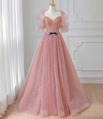 Pink Tulle Puffy Sleeves Long Prom Dresses, Pink A-line Evening Dresses