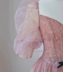 Pink Tulle Puffy Sleeves Long Prom Dresses, Pink A-line Evening Dresses