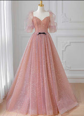 Pink Tulle Puffy Sleeves Long Prom Dresses, Pink A-line Evening Dresses