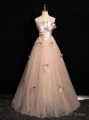 Pink Tulle Satin Strapless Beading Prom Dress