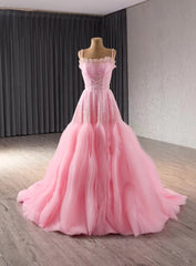 Pink Tulle Sequins Beading Pleats Straps Prom Dress