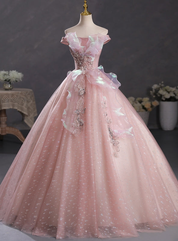 Pink Tulle Sequins Beading Quinceanera Dress