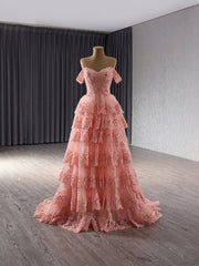 Pink Tulle Sequins Lace Appliques Tiers Prom Dresses