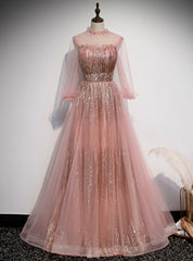 Pink Tulle Sequins Long Sleeve Backless Prom Dress