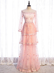 Pink Tulle Sequins Long Sleeve Tiers Prom Dresses