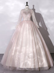 Pink Tulle Sequins Long Sleeve V-neck Quinceanera Dress