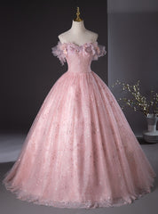 Pink Tulle Sequins Off the Shoulder 3D Flower Quinceanera Dress