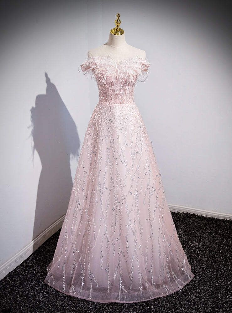 Pink Tulle Sequins Off the Shoulder Pearls Prom Dress