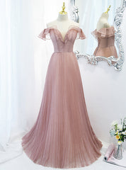 Pink Tulle Sequins Off the Shoulder Pleated Prom Dresses