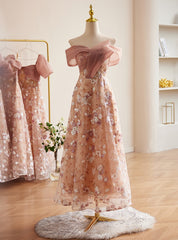 Pink Tulle Sequins Off the Shoulder Pleats Prom Dress