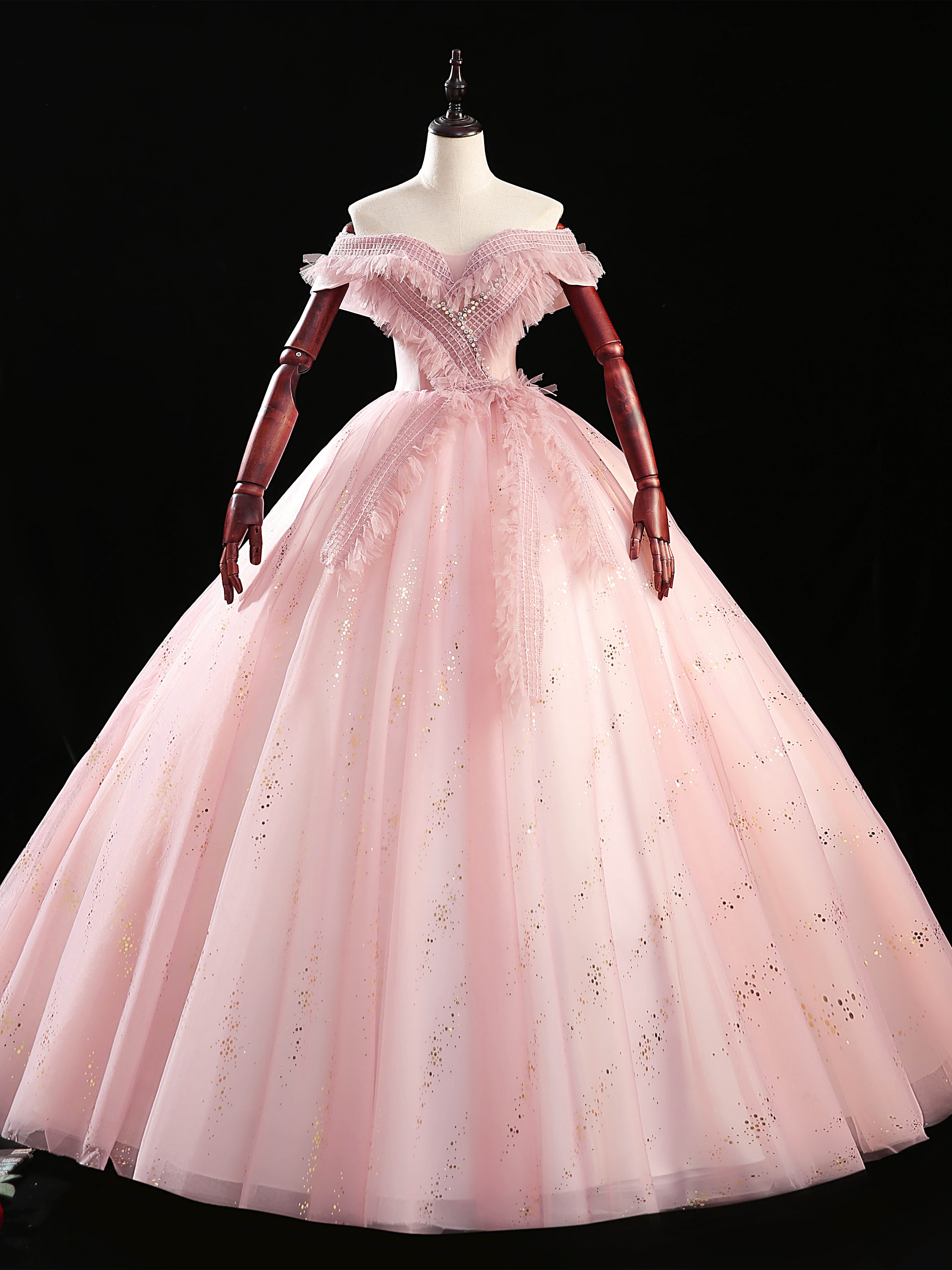 Pink Tulle Sequins Off the Shoulder Quinceanera Dress