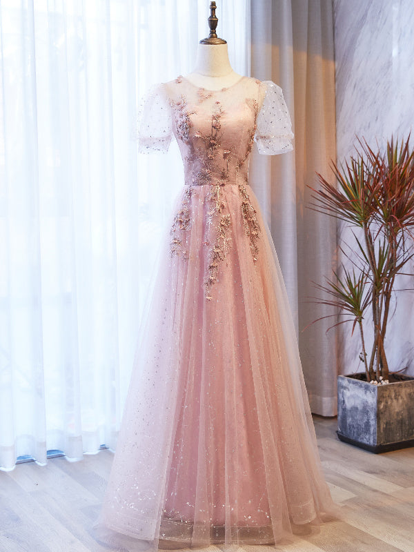 Pink Tulle Sequins Puff Sleeve Appliques Prom Dress