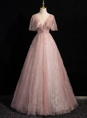 Pink Tulle Sequins See Through V-neck Prom Dresses