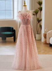 Pink Tulle Sequins Spaghetti Straps Feather Prom Dresses