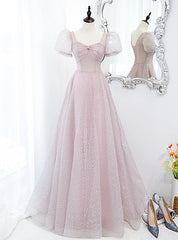 Pink Tulle Sequins Square Puff Sleeve Prom Dresses