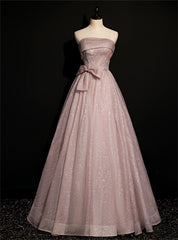 Pink Tulle Sequins Strapless Pleats Beading Prom Dress