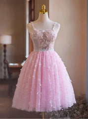 Pink Tulle Sequins Straps Homecoming Dress