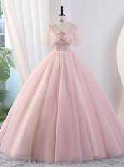 Pink Tulle Sequins V-neck Quinceanera Dress