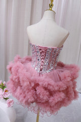 Pink Tulle Short Homecoming Dresses with Rhinestones, Cute Party Dresses