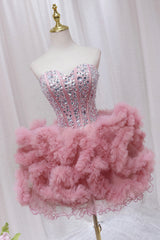 Pink Tulle Short Homecoming Dresses with Rhinestones, Cute Party Dresses