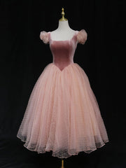 Pink Tulle Short Prom Dresses, Pink Tulle Puffy Homecoming Dresses