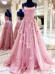 Pink Tulle Spaghetti Straps Flower Prom Dress