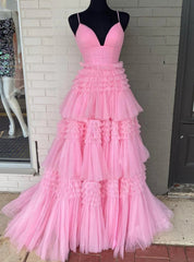 Pink Tulle Spaghetti Straps Tiers Prom Dresses