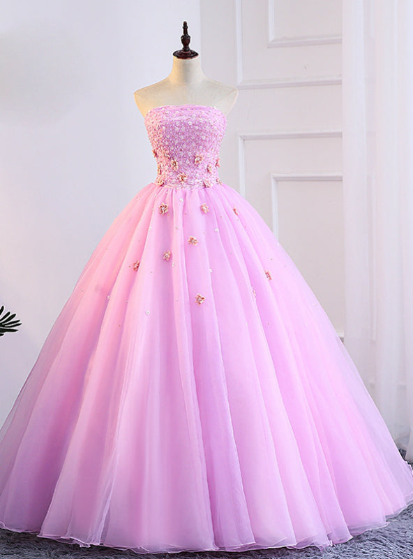 Pink Tulle Strapless Appliques Sweet 16 Quinceanera Dresses With Pearls