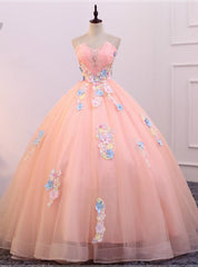 Pink Tulle Strapless Colorful Appliques Quinceanera Dress