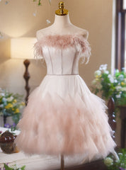 Pink Tulle Strapless Feather Homecoming Dresses